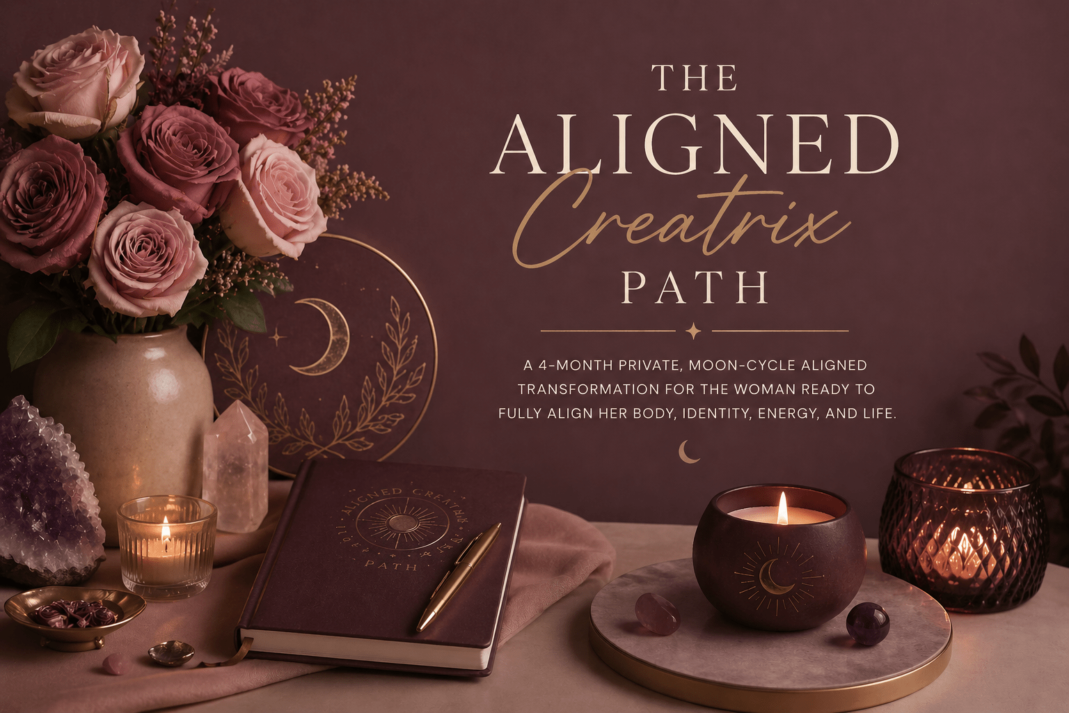 Aligned Creatrix Path 4-month women’s transformation program with moon cycle alignment, feminine wellness, and holistic healing aesthetic featuring roses, candles, and journal