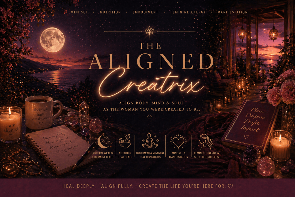 Aligned Creatrix feminine wellness brand with moon, candles, crystals and journal representing body mind energy alignment, feminine embodiment, and women’s transformation
