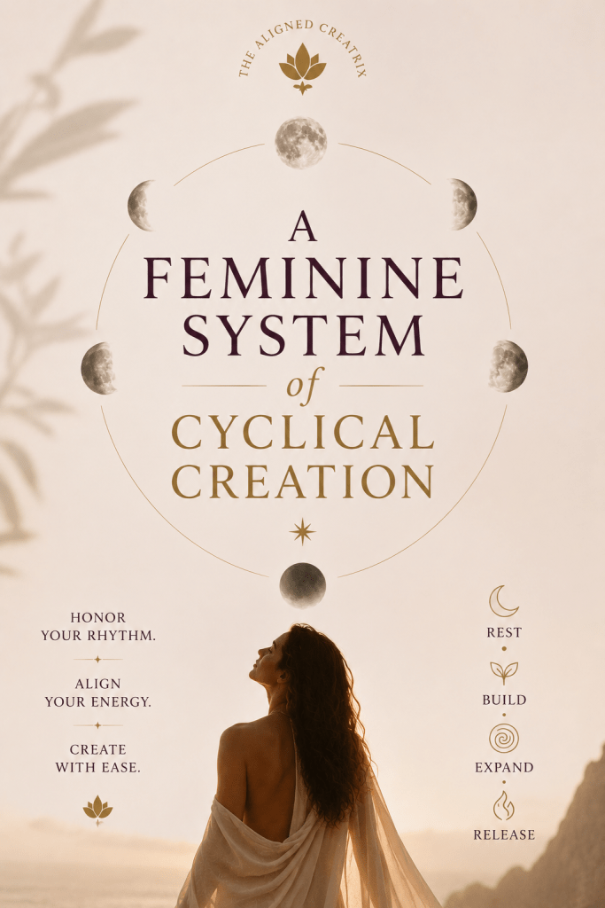 Feminine cyclical creation system using moon archetypes and the elements for women’s wellness.