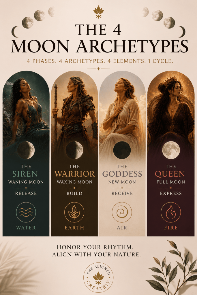 Feminine cyclical creation system using moon archetypes and the elements for women’s wellness.