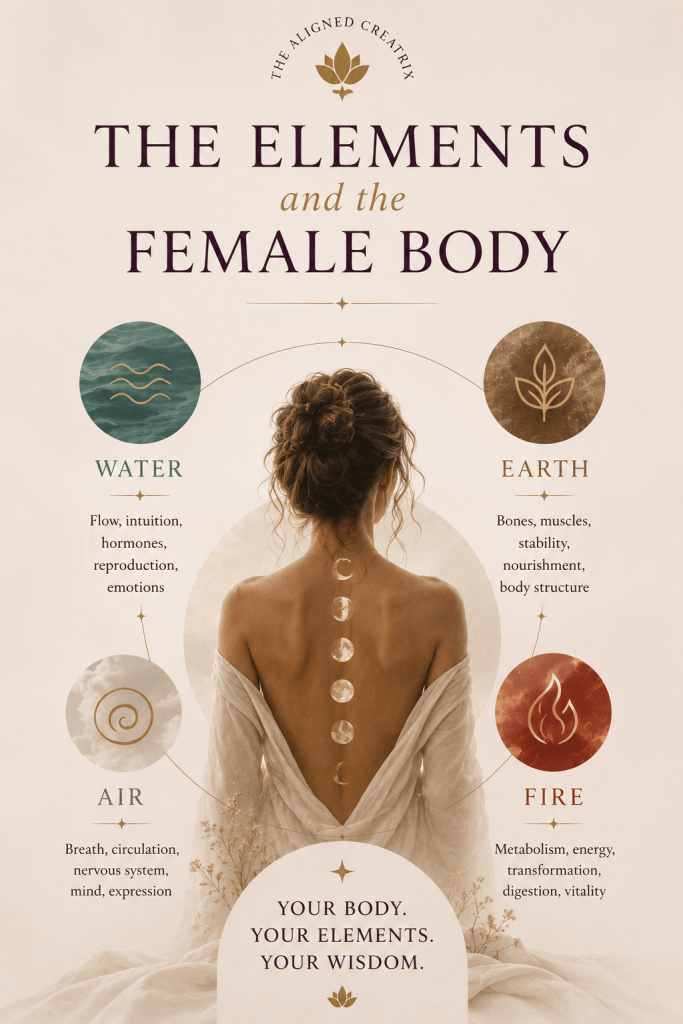 Feminine cyclical creation system using moon archetypes and the elements for women’s wellness.
